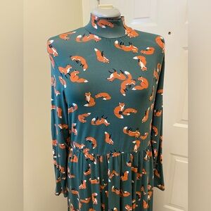 ModCloth Appeal A-line Dress featuring a fox print on sage green background XL